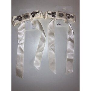 Icing 2 Piece Hair Ivory Rhinestone Studded Satin Long Tail Hair Bow Clip